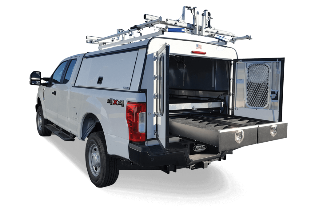 white Ford F-150 with Pro Series truck cap