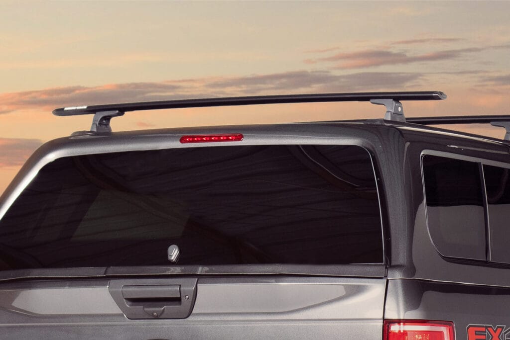 Close up of a Rhino-rack roof rack on a silver pick up truck